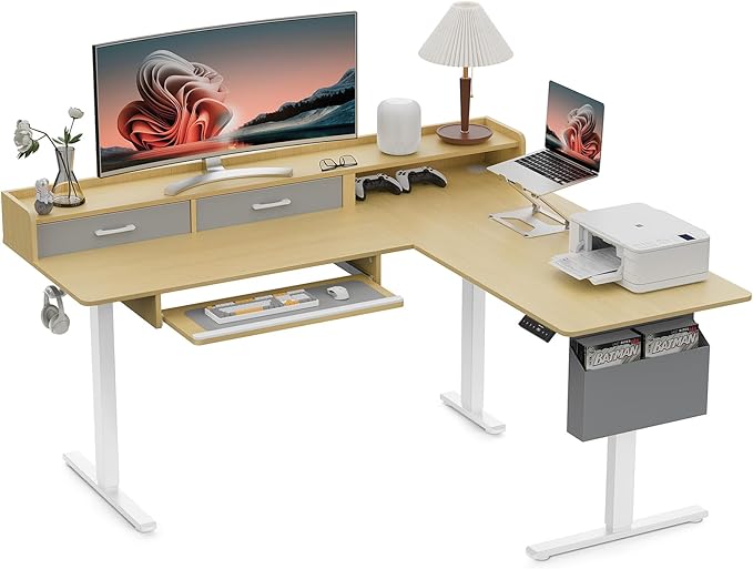 WALKINGDESK 63 Inches Height Adjustable L Shaped Standing Desk with 2 Drawers and Keyboard Tray, Electric Sit to Stand Home Office Comupter Table, Ergonomic Corner Gaming Desk, Oak