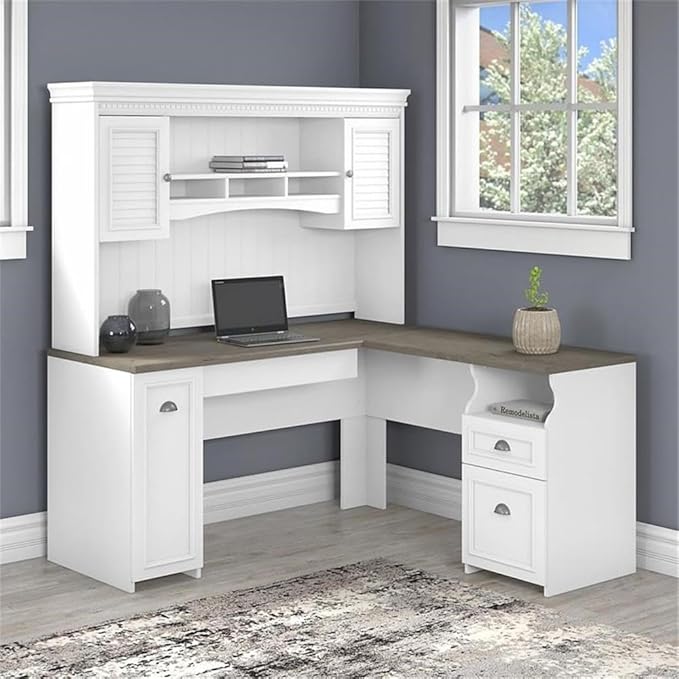 Pemberly Row 60W L Desk with Hutch, Shiplap Gray and White Finish, Engineered Wood, Corner Desk with Storage, Adjustable Shelves, Modern Farmhouse Style Home Office Workstation, 59.53W x 59.53D x