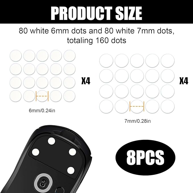 160 Pcs Dot Mouse Glide Sliders, Universal 6mm 7mm PTFE Mouse Feet Skate Stickers, Smooth Sliding Pads Compatible with All Mousepads, Wear-Resistant Smooth Glide Mice Glass Skates Pad (White)