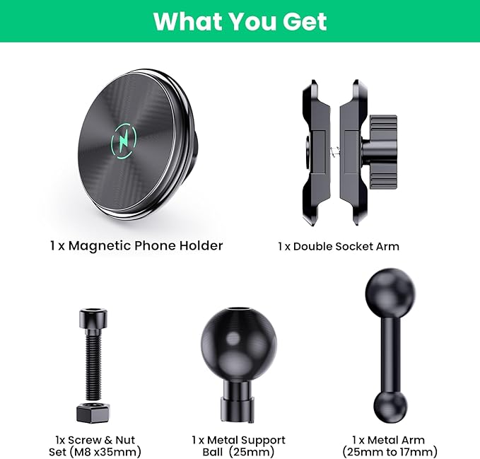 Kaishengyuan Dash Mount Wireless Charger Magnetic Holder with Metal Double Socket Arm & 360° Rotating Extension Mounting Arm & 0.98” Ballhead Compatible with All Smartphones