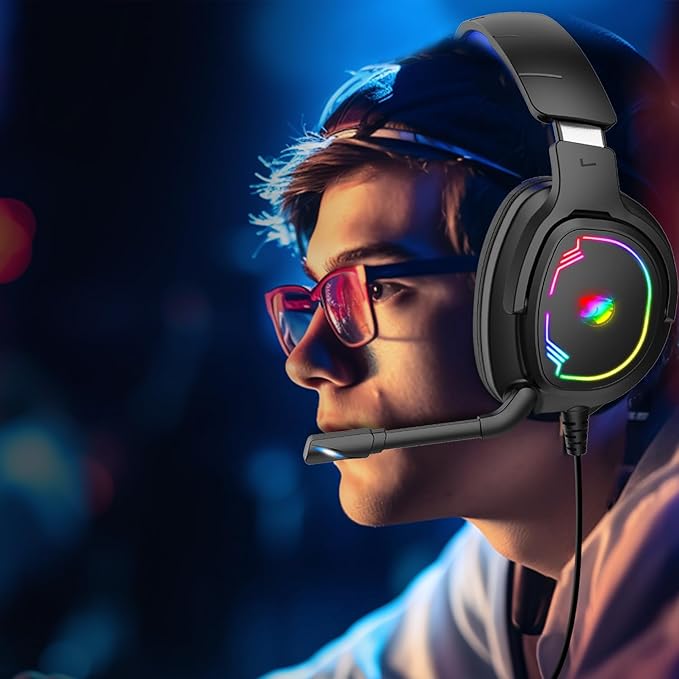 Jimonyer Gaming Headset for PC/PS4/PS5/Xbox One/Switch, Stereo Surround Sound Gaming Headphones with Noise Canceling Flexible Mic, Computer Headset with 3.5mm Jack & RGB Light(Blue)