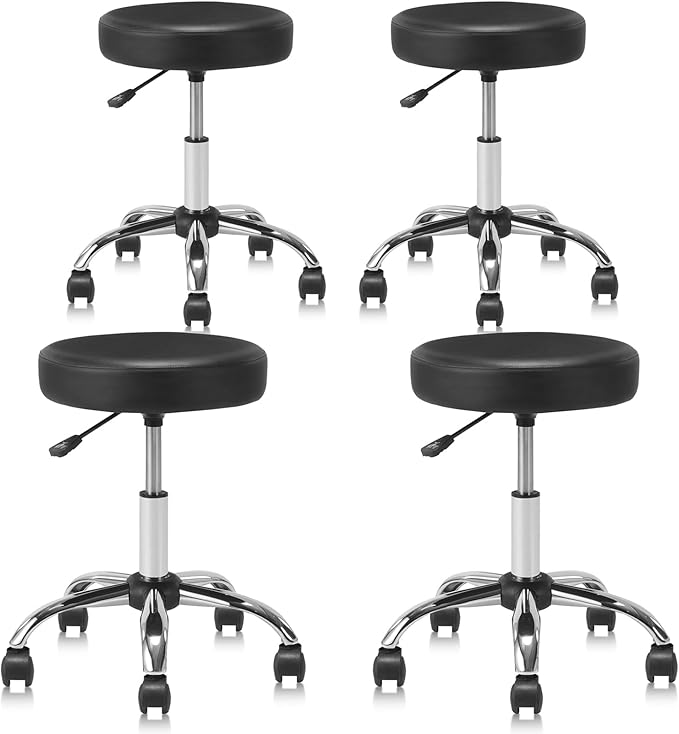 KLASIKA Round Rolling Stool with Wheels Adjustable Height Swivel Multi-Purpose Heavy Duty Wide Seat Drafting Stool for Office Laboratory Salon Massage Spa Medical Doctor Clinic Tattoo Beauty, 4 Pack