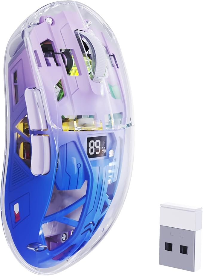 FREEWOLF A2 Transparent Wireless Gaming Mouse,Dual Mode BT 5.0/2.4G PC Gaming Mice,PixArt 3212 5 Adjustable DPI,Rechargeable Silent Mouse with Digital Screen,RGB Backlight Mouse for Win/Mac(Purple)