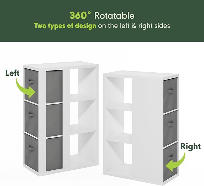 Furinno Viola Book Shelf, 3-Tier Bookshelf, Cube Storage Organizer Bookcase with Open Shelf, with Storage Bins, 13.6 x 29.3 x 43.8, for Living Room, Bedroom, Home Office, White/Light Grey
