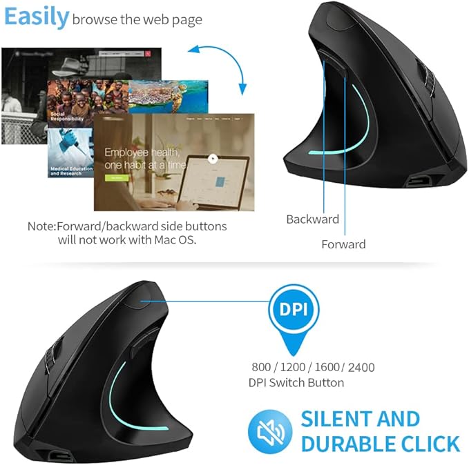 Vertical Mouse, Right Handed 2.4GHz Wireless Ergonomic Rechargeable Vertical Mouse with 4 Adjustable DPI 800/1200/1600/2400, 6 Buttons,Compatible with PC, Desktop,Mac (Black)…