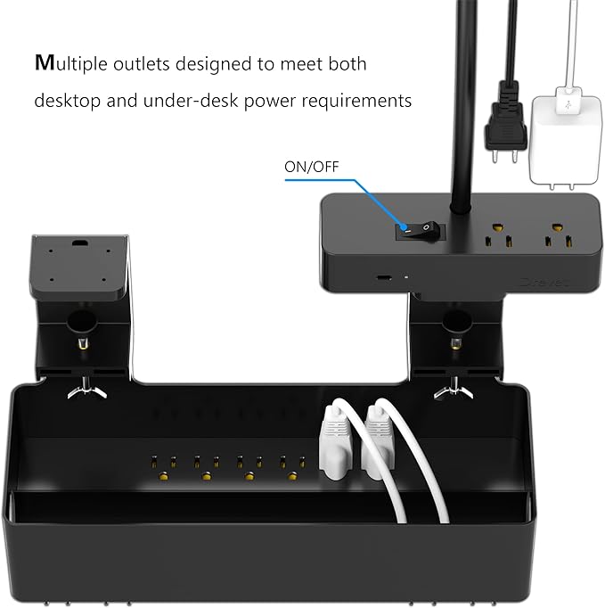Drevet LED Desk Lamp for Home Office with Cable Management Tray, Eye-Caring Clip-On Desk Light with Flexible Gooseneck, 2+6AC&1USB-C Charging Port, 3 Brightness & 3 Color Modes, Eye-Caring Table Lamp