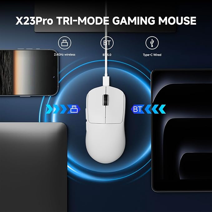 SEUNKWANG EWEAND X23 Pro Wireless Gaming Mouse, Tri-Mode 2.4G/USB-C/BT Mouse, PAW3311 Sensor, 12000 DPI, 59g Lightweight, 1ms Response, Computer Mouse with Anti-Slip Grip Tape for Laptop/PC/Mac-White