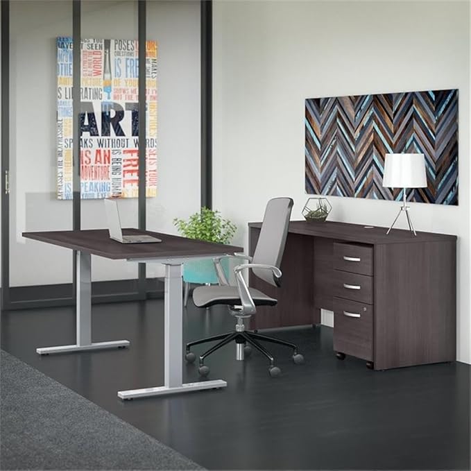 Pemberly Row 3 Pc. Office Suite, 60W Adjustable Power Standing Desk, Credenza Desk, Mobile File Cabinet, Engineered Wood, Storm Gray Finish, Contemporary Style, Adjustable for Office Use