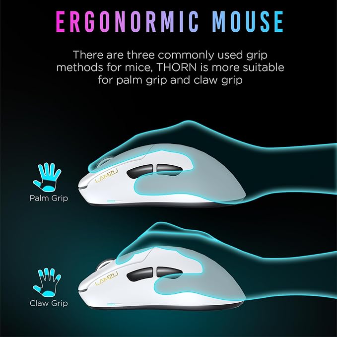 Lamzu Thorn Wireless Gaming Mouse, Ultra-Lightweight 52g, 26000DPI, Ergonomic, Optical Switch, Silver TTC Encoder, PAW3395 Sensor, MCU Nordic 52840-Polar White,4K Compatible