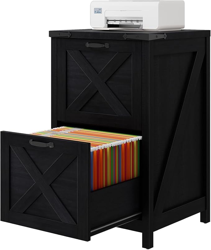 Vabches Vertical File Cabinet with 2 Drawers, Wooden Farmhouse Filing Cabinet for Letter/A4 Size Hanging Files, Under Desk Printer Stand with Storage for Home Office, Black