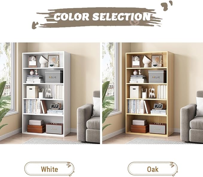 NELYE Basic Open Shelf Bookcase - 5-Tier Wooden Cube Storage Shelves Split Bookshelf, Oak