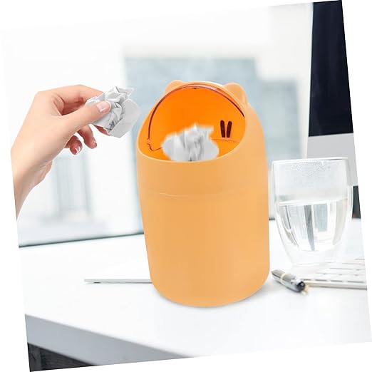 PRETYZOOM Cute Bear Desktop Trash Can Lid Mini Plastic Garbage Bin for Home Office Slim Waste Container for Bedroom and Tabletop Creative Animal Design