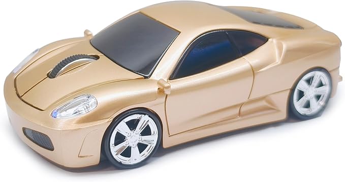 Wireless Car Mouse for Computer, 2.4G USB Receiver, 1600DPI Adjustable, Cool Sport Car Design, Plug & Play, Compatible with Laptop PC Mac Windows Linux, for Boys & Men (Gold)