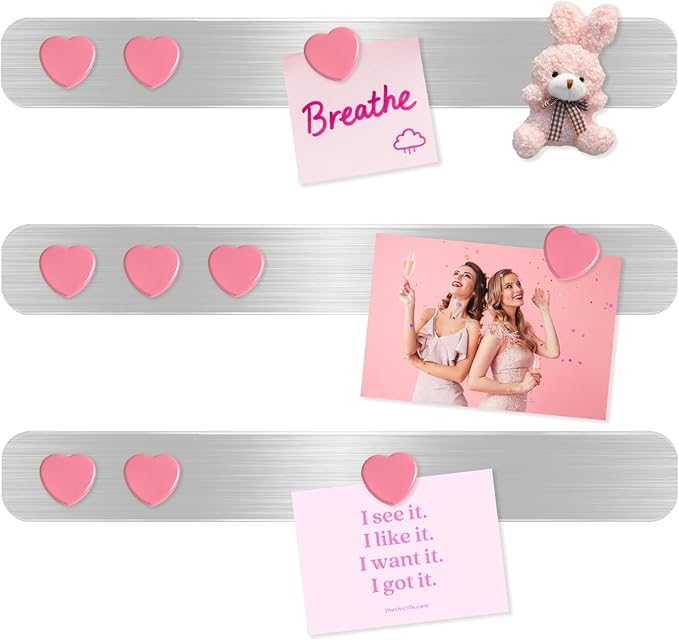 Magnetic Board Strips - 3Pcs Stainless Iron Magnetic Strips with Adhesive Backing & 10 Pink Heart Magnets, Frameless Small Bulletin Board for Wall, DIY Memo Board for Home Kitchen School Office