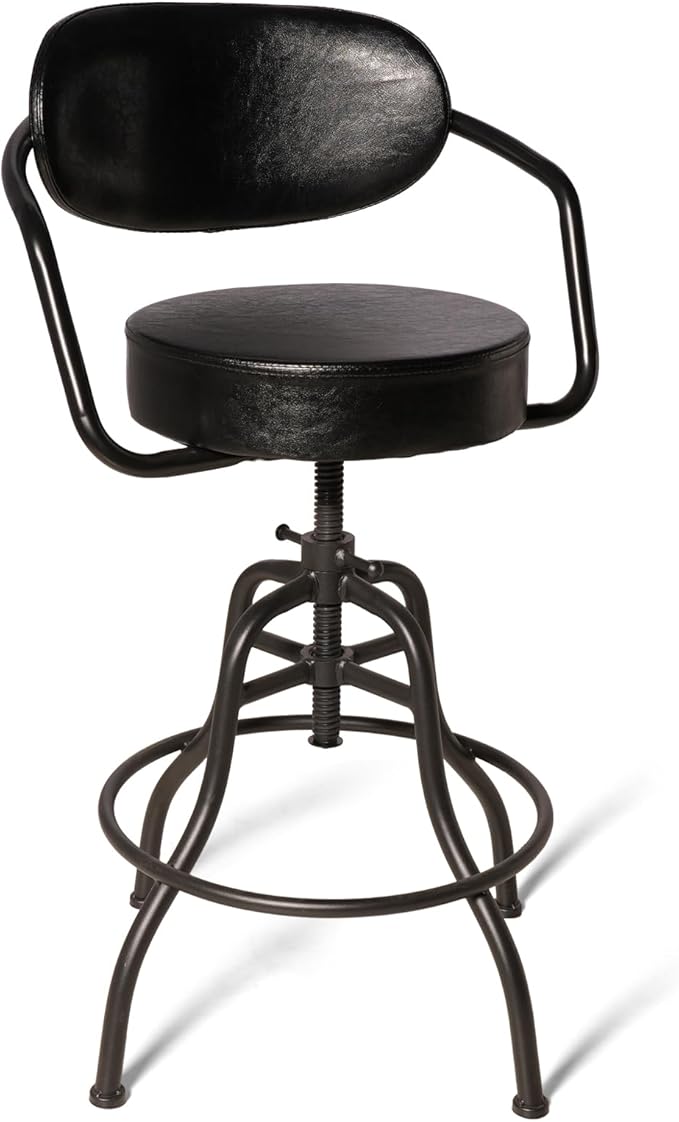 Industrial Office Chair with Backrest 21.7-25.6inch Height Adjustable Vintage Bar Stool with Swivel PU Seat Rustic Drafting Drawing Chair for Workbench Office Desk