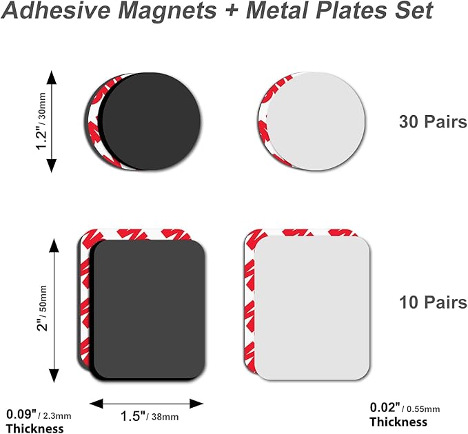 Towjug Flexible Magnets and Metal Stickers - Mixed 40 Adhesive Magnetic Set for Office, School, Crafts, Home Decor and Small Items Organization