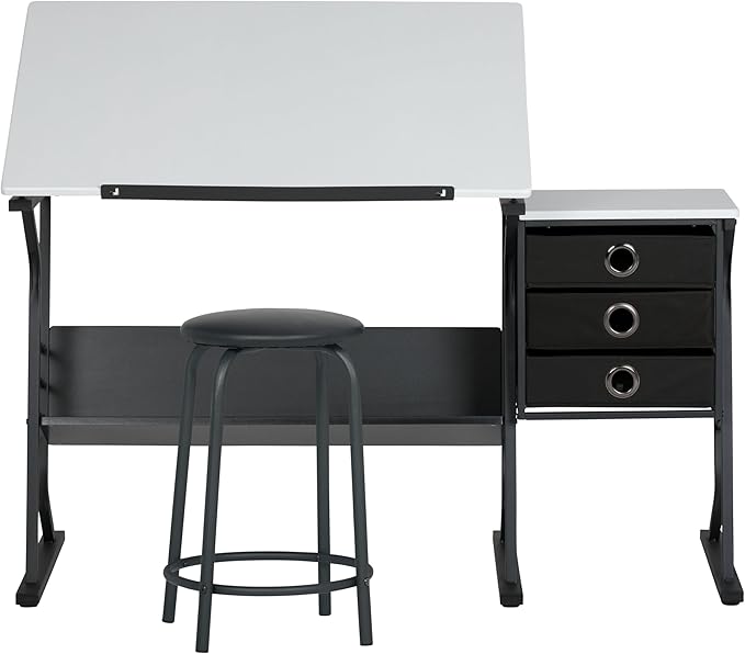 2 Piece Eclipse Ultra Center/Drawing Table with Stool, Angle Adjustable Top, Storage Shelves, and Drawers