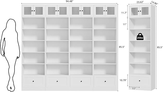 TUSY 85.5 Inch Tall Bookshelf with Doors - 7 Tier Bookcase with Glass Doors and Drawer, 23.6" Wide Storage Cabinet with Open Shelves for Living Room, White Book Shelf for Home Office, Study (BBBB)