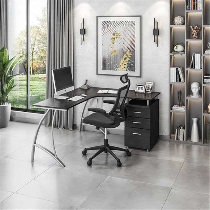 Scranton & Co Modern Wood L-Shaped Corner Desk, Espresso Finish, 30" H x 55" W x 59" D, MDF Panels with PVC Laminate, Built-in Locking Storage & Hanging File Cabinet, Space-Saving Home Office Desk