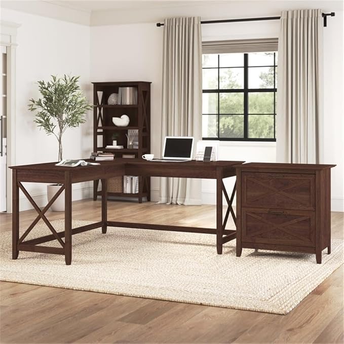 Pemberly Row 60W L Shaped Desk with 2 Drawer Lateral File Cabinet, Durable Corner Desk and Filing Cabinet, Coastal Farmhouse Style Home Office Furniture Set, X Pattern Accents, 157.7 lbs