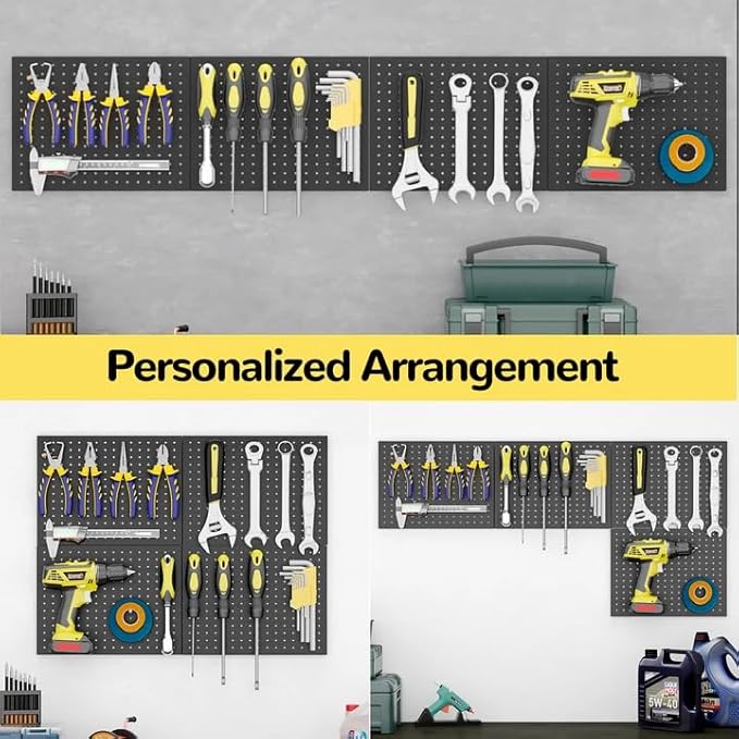 Metal Pegboard,4 Pack Metal Pegboard Panels With 8 Hooks,Black Pegboard Wall Organizer,16"x12" Steel Peg Boards for Walls,Tools,Garage,Office