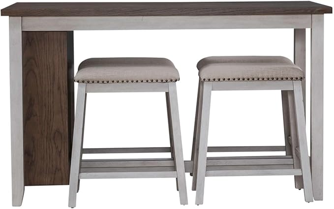 Liberty Furniture Brook Creek 5 Piece Counter Height Bookcase Table - Kitchen Dining Set Transitional 4 Upholstered Saddle Stools - White & Wood Tone Tops