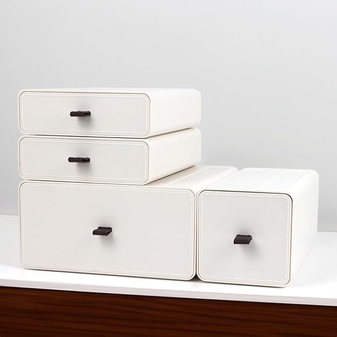 ZEXALOR White Desk Organizer with Drawers, Dresser Desktop Makeup Nightstand Organizer, Storage Drawer for Small Spaces Pens Stationary Cosmetic Junk, Office Supplies and Accessories (4-Drawer)