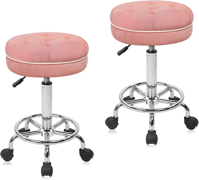 KLASIKA Velet Rolling Bar Stool with Wheels, Tall Drafting Stool with Adjustable Height and Footrest, Multi-Purpose Office Desk Chair for Home Kitchen Shop Work, Pink (2PK)