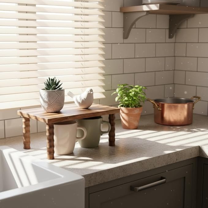 Small Kitchen Counter Shelf Acacia Wood Cabinet and Desktop Counter Riser Coffee Station Organizer Display Stand Shelf for Top of Desk Home Office Bathroom