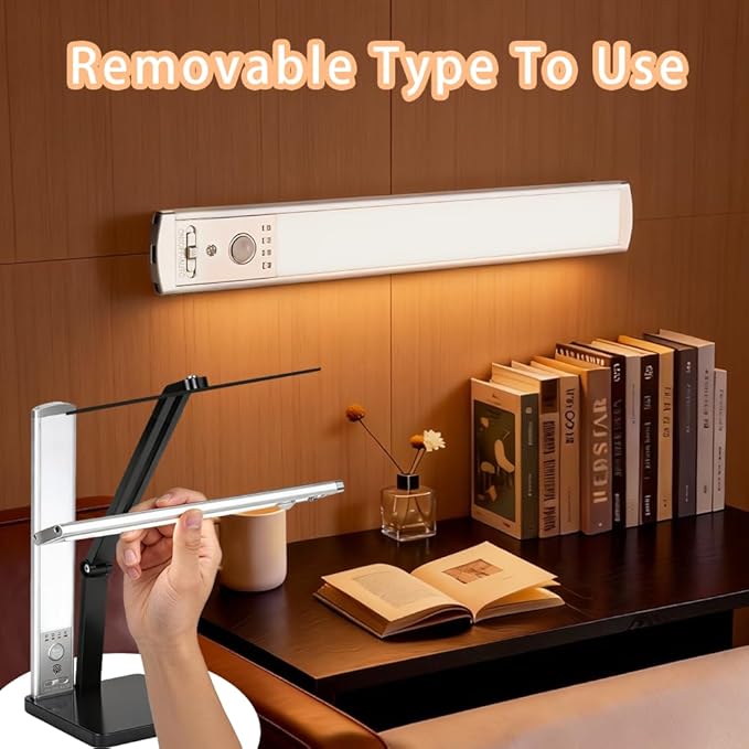 2-in-1 Magnetic LED Desk Lamp, USB-C Rechargeable Task Light with Detachable Dual Light Bars, Motion Sensor Light, Stepless Dimming, Foldable Table Lamp for 【Office and Reading】
