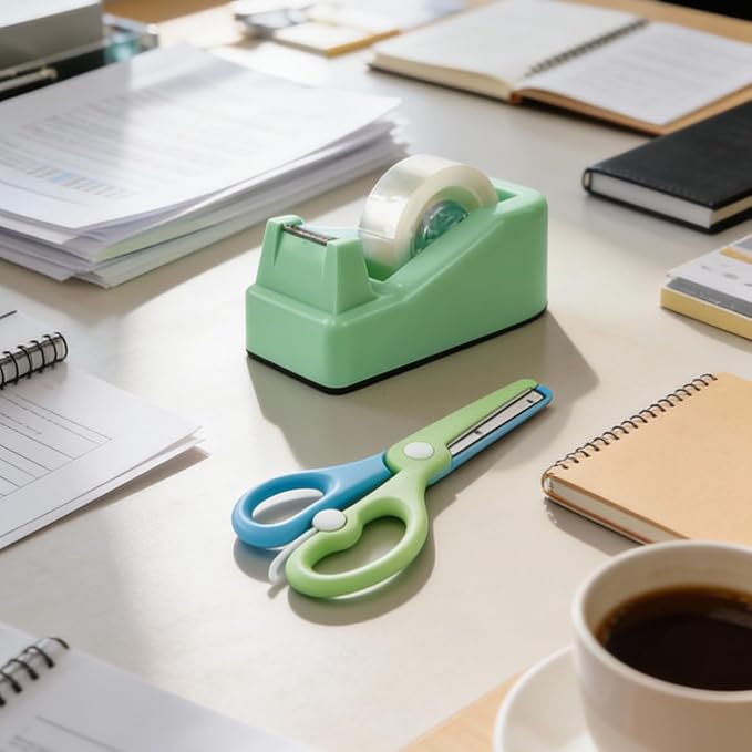 XEUZK Desktop Tape Dispenser Kits with Weighted Nonskid Base Tape Dispenser- Includes 9 Rolls of Transparent Tape(0.71 Inch x 500 inches Each) & Blue Scissors, 2 Pcs Tweezers (Green)