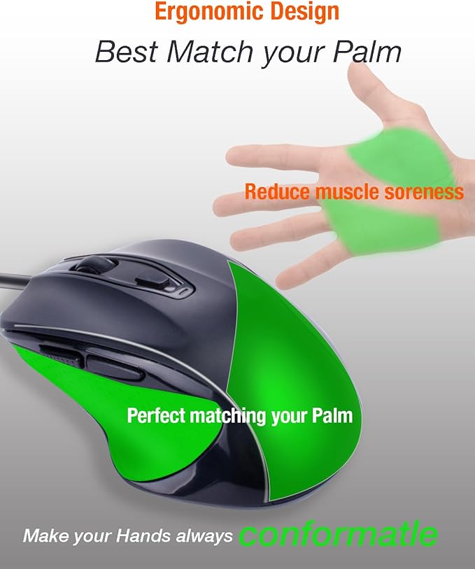 USB Wired Mouse, Large Size Ergonomic Gaming and Office Mouse with 6 Buttons, 4 Level DPI Adjustable, Page Down& UP Button, 1.5 Meters Cable for MacBook, Windows Laptop(Black)