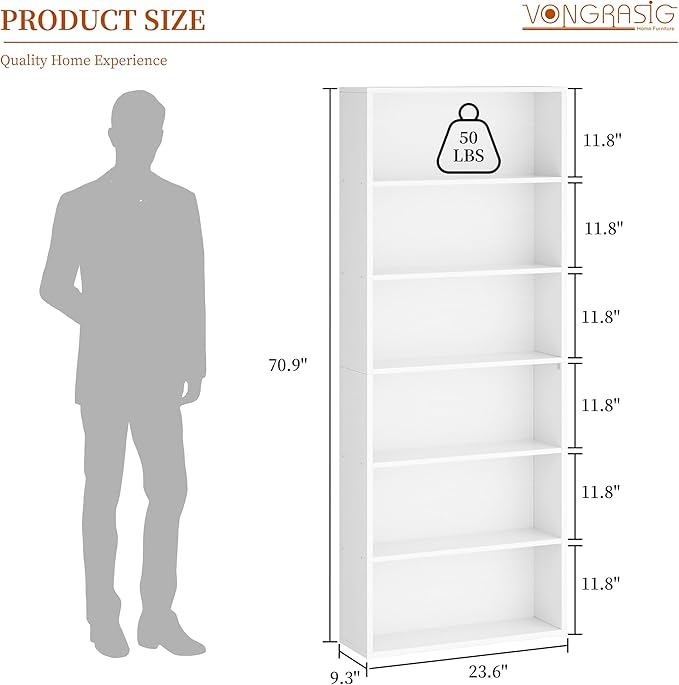 Vongrasig 6-Tier Open Bookcase and Bookshelf, Floor Standing Wood Display Storage Shelves 71 Inch Tall Bookcase Home Decor Furniture for Home Office, Living Room, Bed Room, White, 2 Pieces