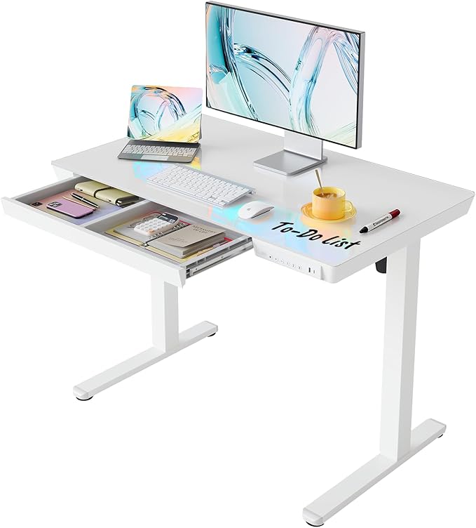 HUANUO Glass Standing Desk with Drawers, 40 x 24 Inch Electric Adjustable Height Desk, Quick Install One-Piece Tabletop with USB Charging Ports, White
