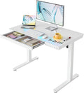 HUANUO Glass Standing Desk with Drawers, 40 x 24 Inch Electric Adjustable Height Desk, Quick Install One-Piece Tabletop with USB Charging Ports, White