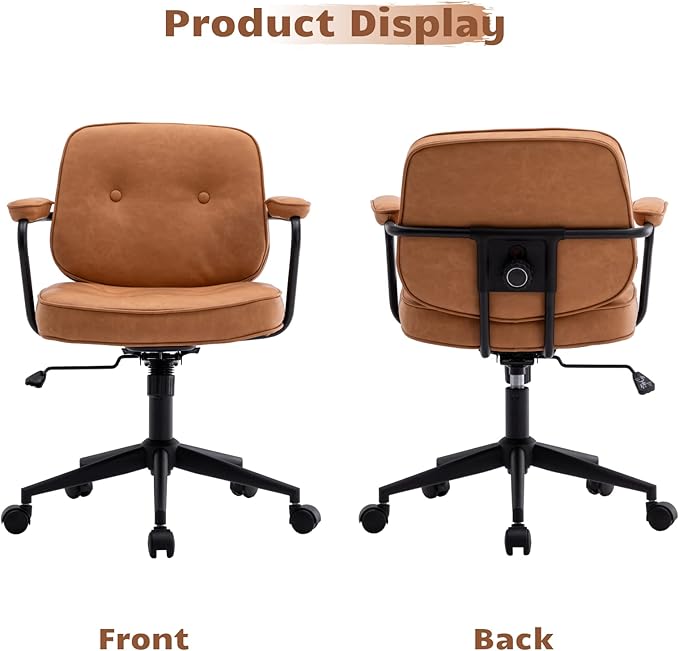 HEAH-YO Modern Armless Desk Chairs Set of 1, Swivel Computer Task Chair with Wheels and Armrests, PU Leather Adjustable Office Chair with Backrest for Home Base, Light Brown