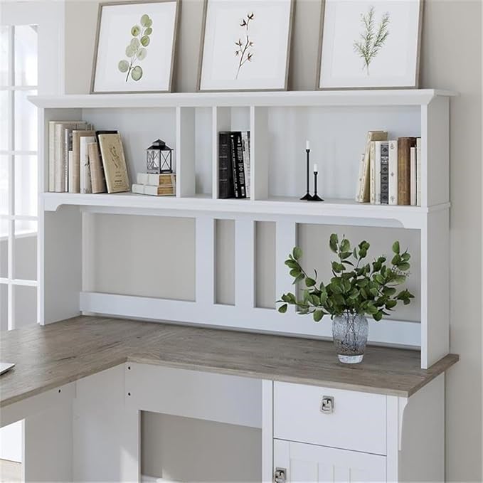 Pemberly Row 60W Hutch for L Shaped Desk, Engineered Wood, White/Shiplap Gray Finish, Open Cubby Storage, Mission Style Office Hutch for Books, Decorations, and Monitors
