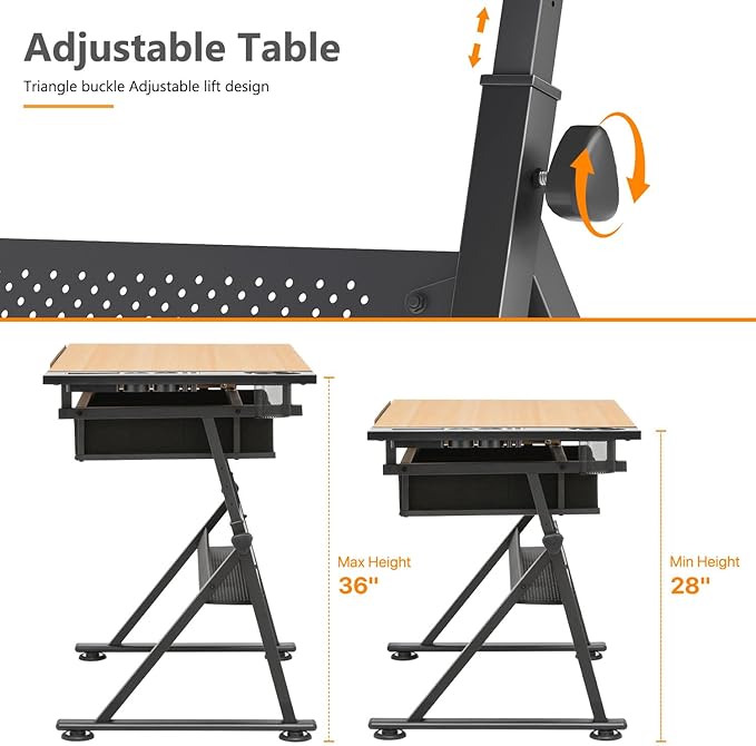 OS MOTOR Adjustable Height Drafting Table with Wood Top, Art Craft Desk with Slide-Out Drawers, Storage, for Drawing, Writing, Painting, and Creative Tasks, Ideal for Home Office, Natural