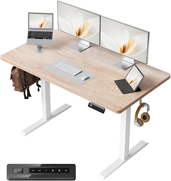 CubiCubi 40 x 24 Small One-Piece Standing Desk, Adjustable Height Electric Computer Sit Stand up Home Office Workstation, with 4 Memory Presets, Headphone Hook, Maple
