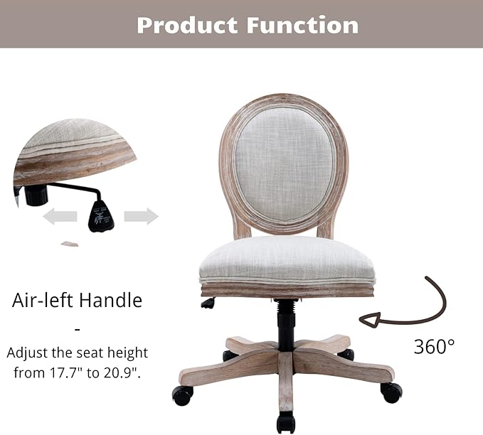 HEAH-YO Armless Home Office Chair, Vintage Linen Fabric Desk Chair with Wheels and Mid Back Support, Swivel Vanity Chair for Bedroom, Beige
