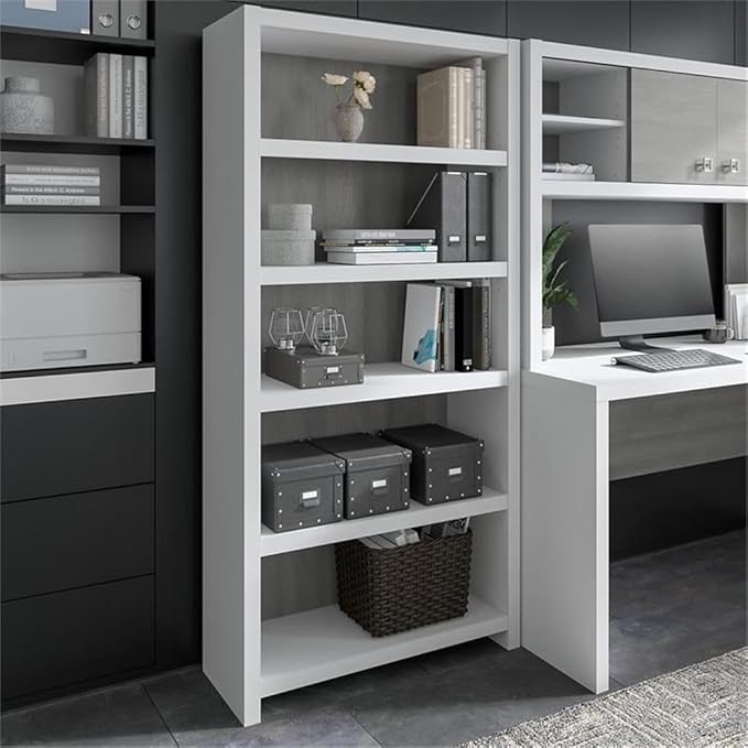Pemberly Row Set of 2 L-Shaped Desk & 5-Shelf Bookcase in White & Gray
