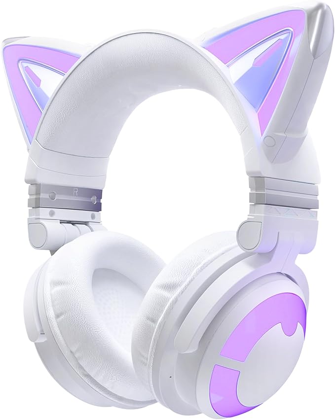 YOWU Cat Ear Headphones CE, Wired/Wireless Headphones with Seamless Live Sound Experience for PC/PE/Switch, Built-in Mic & Customizable RGB Light Effect for Anime Lovers(White)
