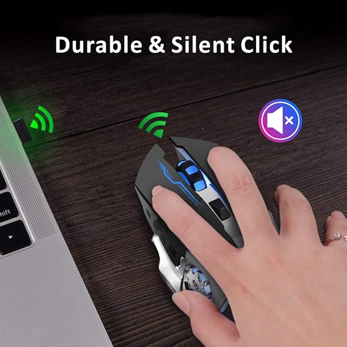 Uciefy Q85 Rechargeable Wireless Gaming Mouse, 2.4G LED Optical Silent Wireless Computer Mouse with 4 LED Light, 3 Adjustable DPI, Ergonomic Design, Auto Sleeping (Black)