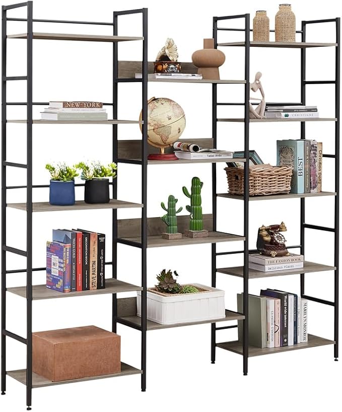 SKYXIU Triple Wide 5 Tier Bookshelf,Rustic Industrial Style Bookcases and Bookshelves with 14 Open Display Shelves,Large Open Bookshelves for Home&Office