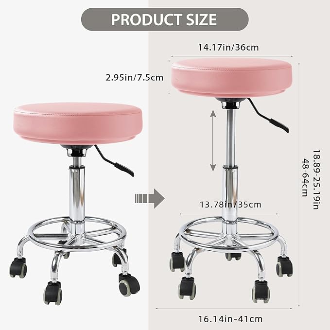 Adjustable Rolling Stool with Wheels Heavy Duty 500lb Round RollingStool with Footrest, Patent Leather Drafting Stool Chair with Wheels Work Spa Salon Seat, Pink