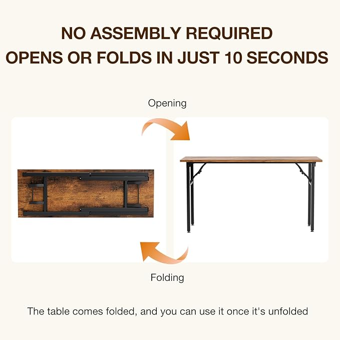 TEMI Long Computer Desk Folding Table - 55.1 Foldable Office Desk, No Assembly, Perfect Writing Table for Bedroom, Dorm, or Apartment, Portable Large Desk or Study Table with Compact Design, Brown