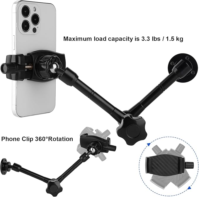 Mippko Wall Mount Phone Stand for Car/Desk/Boat/Desk/Vehicles Dashboard,360° Adjustable Aluminum Alloy Mount 10 inch Arm Holder,Compatible with 3.5~7.5" iPhone/HTC/LG/Huawei/Smartphones