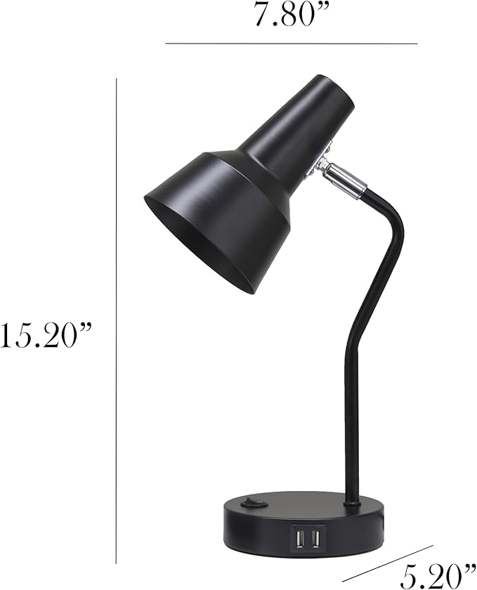 Simple Designs LD1072-BLK 15.2" Sleek Essentials Metal Cone Shade Desk Lamp with Adjustable Shade and Dual USB Ports, for Office, Desk, Nightstand, Dorm, Black