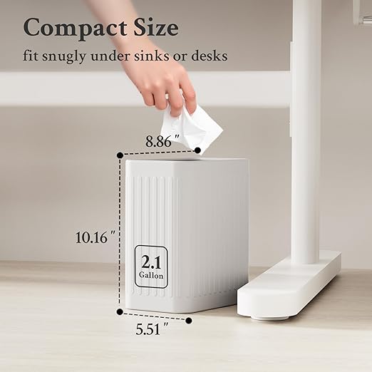 TrashAid Small Bathroom Trash Can, 2.1 Gallon Bathroom Garbage Can, Stainless Steel Waste Basket for Office, Under Desk, Bedroom, Rv, White