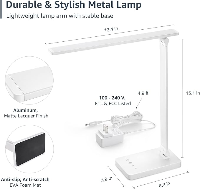 Lepro LED Desk Lamp, Metal Desk Light 9.5W 800lm, Forbes Vetted Best Task Lamp, 5 Color Modes 5 Brightness Level, Dimmable Home Office Desktop Lamp for Reading, Crafting, Sewing, Puzzle, Nail, White